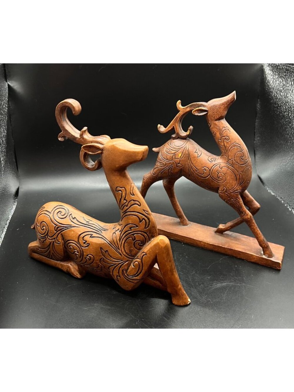 Handcrafted Resin Deer Figurines Intricate Swirl Design Set Of 2 Brown Finish